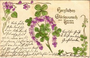 1912 Herzlichen Glückwunsch zum Neuen Jahre / New Year greeting with flowers, clovers. Art Nouveau floral Emb. (fl)