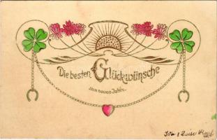 Die besten Glückwünsche zum Neuen Jahre / New Year greeting with flowers, clovers, hoershoe. Art Nouveau Emb. (fl)