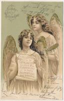 1904 Fröhliche Weihnachten / Christmas greeting with angels and music sheet. Golden embossed litho (b)