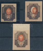 1910 3 db vágott bélyeg, közte kettősnyomat, elcsúszott középrész / 3 imperforate stamps: double print, shifted middle part