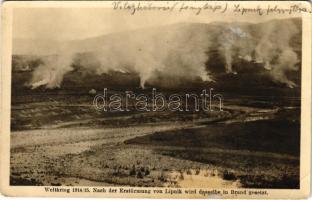 Weltkrieg 1914/15. Nach der Erstürmung von Lipnik wird dasselbe in Brand gesetzt / Első világháborús katonai lap, Lipnik felgyújtása / WWI K.u.k. military. Kilophot K 1073. (EK)