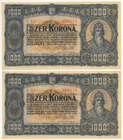 1923. 1000K (2x) nyomdahely jelölés nélkül, sorszámkövetők &quot;B 61 380431 - B 61 380432&quot; T:AU sarokhajlás / Hungary 1923. 1000 Korona (2x) consecutive serials &quot;B 61 380431 - B 61 380432&quot;, without printer&#039;s mark C:AU corner folds Adamo K37/1