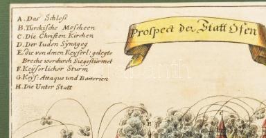 Buda és Pest rézmetszetű, színezett látképe. Buda 1686-os ostromának ábrázolása. 
Címe a kép felett...