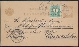 1890 2kr díjjegyes levelezőlap 3kr díjkiegészítéssel / PS-card with additional franking BÁRTOS / BARS VM. - EISENSTADT