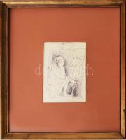 Kondor Béla (1931-1972): Ülő alak és angyal. Toll, papír jelezve jobbra lent. Üvegezett fakeretben. ...