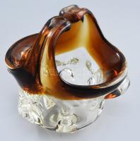 Cseh mid-century asztaldísz kínáló, jelzés nélkül, kézműves hutaüveg, vastag anyagú, hibátlan, m: 17 cm