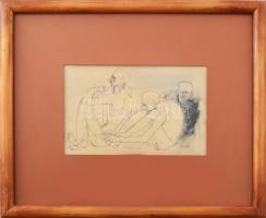 Kondor Béla (1931-1972): Bukás. Tus, toll, ceruza, papír, jelezve középen lent. Üvegezett fakeretben...