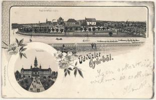 1899 (Vorläufer) Győr, Radó tér, Újváros, Városháza, zsinagóga, híd. Polgár Bertalan kiadása. Art Nouveau, floral, litho (szakadások / tears)