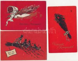 3 db RÉGI piros virgácsos Krampusz üdvözlő képeslap, vegyes minőségben