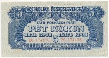 Csehszlovákia 1944. 5K "E0 474178", "SPECIMEN (MINTA)" perforációval T:XF hajtatlan, sarokhajtással és ragasztófolttal /  Czechoslovakia 1944. 5 Korun "E0 474178", with "SPECIMEN" perforation C:XF unfolded with corner folds and gluemarks  Krause P#46s