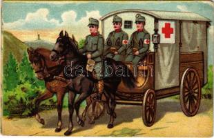 Vöröskeresztes katonák lovaskocsival / K.u.K. military, Red Cross soldiers with horse-drawn carriage. litho (EM)