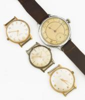 4 db kézi felhúzós karóra, szovjet és amerikai szerkezetek, nem működnek, régi fa ládikában