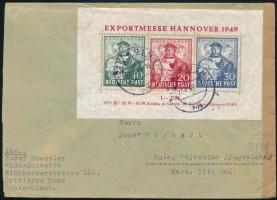 1949 Hannoveri vásár blokk levélen Jugoszláviába / Mi block 1 on cover to Yugoslavia