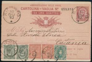 1893 Díjjegyes pénzutalvány 5 bélyeges kiegészítéssel / PS-money order with 5 stamps RIPOSTO - CATANIA