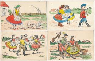 4 db RÉGI magyar grafikai népviseletes motívum képeslap vegyes minőségben, kézzel színezve / 4 pre-1945 Hungarian graphic folklore motive postcards in mixed quality