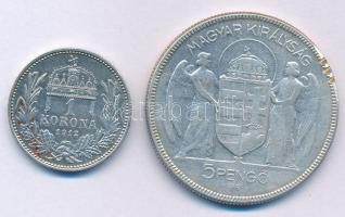 1912KB 1K Ag "Ferenc József" + 1930. 5P Ag "Horthy jobbra" durva ph. T:XF,F