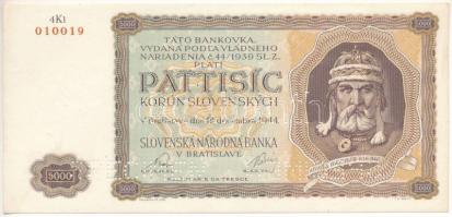 Szlovákia 1944. 5000K "4Kl 010019", "SPECIMEN (MINTA)" perforációval T:VF / Slovakia 1944. 5000 Korun "4Kl 010019" with "SPECIMEN" perforation C:VF  Krause P#14s