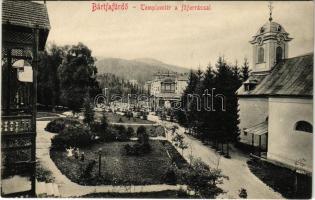 Bártfa, Bártfafürdő, Bardejovské Kúpele, Bardiov, Bardejov; Templom tér a főforrással. Eschwig és Hajts kiadása, Hajts Kornél felvétele / square, church, spa