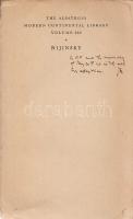 [Pulszky Romola] Nijinsky, Romola: Nijinsky. By Romola Nijinsky, his Wife. With 16 Illustrations. (Dedikált.) Hamburg, (1935). The Albatross Verlag (Printing and Binding by Oscar Brandstetter, Leipzig). 372 + [12] p. + 8 t. (kétoldalas táblákon fotóanyag a balettművész fellépéseiről). Első kiadás. Dedikált: ,,To P. F. and the memory of May 20th [19]36 with all my affection. R[omola]". Vaclav Fomics Nizsinszkij (1888-1950) lengyel származású orosz balettművésznek, a XX. századi balett megújítójának élettörténete felesége tollából. Pulszky Romola művész családba született, apja Pulszky Károly művészettörténész, anyja Márkus Emília színésznő. A Cári Balett budapesti fellépésén találkozott először a karrierje csúcsán álló Nizsinszkijjel, akibe azonnal beleszeretett; rövid időn belül összeházasodtak. A cári balett vezetője, a balettművészt híressé tevő Szergej Gyagilev ezt követően Nizsinszkijt kitette társulatából, innentől a táncművész saját társulatával járta a világot. Az 1920-as évek elején Nizsinszkij elméje elborult; a Budapesten élő házaspár a világ jeles pszichiátereit kereste fel, lényegében eredménytelenül. Pulszky Romola férje karrierjének teljességét tekinti át, a miatta vállalt konfliktusokra és a nemzetközi balett-élet számos részletére kitérve. A világsikerű kötet 1935-ben magyarul is megjelent a Nyugat kiadó gondozásában, Lengyel Lydia fordításában. (The Albatross Modern Continental Library. Volume 262.) Fűzve, illusztrált, enyhén sérült gerincű, enyhén hiányos kiadói borítóban. Jó példány.