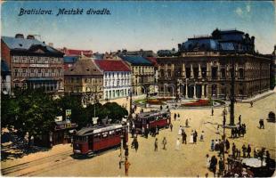 Pozsony, Pressburg, Bratislava; Mestské divadlo / színház, villamos Stollwerck reklámmal / theatre, tram with advertisement (ragasztónyom / glue marks)