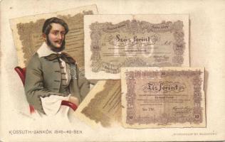 Lajos Kossuth with Kossuth banknotes litho s: K. Savely D