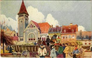 1927 Pozsony, Pressburg, Bratislava; Református templom a Köztársaság téren, piac / Calvinist church, market s: K. Cerny (fa)