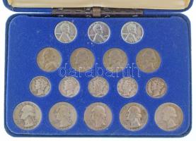Amerikai Egyesült Államok 1941-1945. 17db-os forgalmi érmékből álló gyűjtemény, viseltes World War II Coinage Collection dísztokban, benne: 1943. 1c acél Lincoln (3xklf) + 1942-1945. 5c billon Jefferson (4xklf) + 1941-1945. 1d (10c) Ag Mercury (5xklf) + 1941-1945. 1/4$ Ag Washington (5xklf) T:XF-F patina USA 1941-1945. 17pcs standard circulation coin collection in used World War II Coinage Collection case, within: 1943. 1 Cent steel Lincoln (3xdiff) + 1942-1945. 5 Cents billon Jefferson (4xdiff) + 1941-1945. 1 Dime (10 Cents) Ag Mercury (5xdiff) + 1941-1945. 1/4 Dollar Ag Washington (5xdiff) C:XF-F patina
