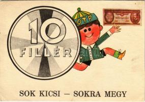 10 fillér, Sok kicsi sokra megy. Takarékosság - vidám ifjúság! / Hungarian socialist modern propaganda card (EK)