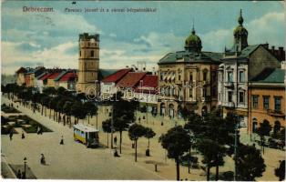 1916 Debrecen, Ferenc József út a városi bérpalotákkal, villamos, Marton Gyula és Fia, Váray József üzlete (EK)