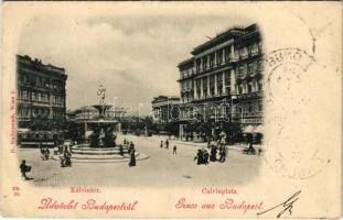 1898 (Vorläufer) Budapest VIII. Kálvin tér, Nemzeti Múzeum, gyógyszertár, szökőkút, villamos. Kiadja D. Halberstadt, Wien I. (EK)