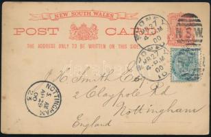 Új-Dél Wales 1900 Díjkiegészített díjjegyes levelezőlap Angliába / New South Wales 1900 PS-card with additional franking to England