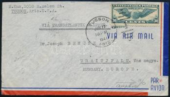 1941 Cenzúrázott légi levél Uraiújfalura / Censored airmail cover TUCSON