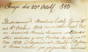 1843 dr. Erdélyi Vazul, nagváradi görög katolikus püspök által aláírt okirat / A document signed by ...