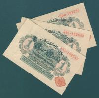 Német Birodalom / Császárság 1914. 1M (3x) alapnyomat nélküli, világoszöld nyomatú variáns piros pecséttel, egymás utáni ill. kis ugrású sorszámokkal T:I,I-