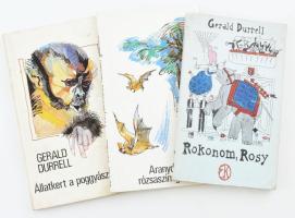 3 db Gerald Durrell kötet: Rokonom, Rosy. Bp., 1973. Európa. Kiadói papírkötés. + Aranydenevérek, rózsaszín galambok. Bp., 1988. Gondolat. Kiadói papírkötés. + Állatkert a poggyászomban. Bp., 1988. Gondolat. Kiadói papírkötés. Kopottas állapotban, egyik kötetben foltos lapokkal, egyben tulajdonosi névbejegyzéssel.