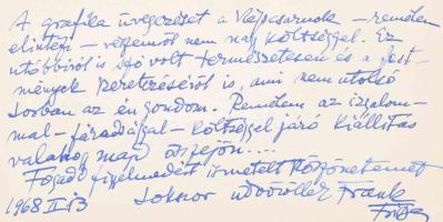 1968 Frank Frigyes (1890 - 1976) - autográf levele Kovács Ferenc fotóművésznek melyben kiállításáról...