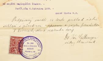 André Lhote (1885-1962) francia kubista festőművész autográf igazolása Bruckner Valéria (1900-1992) ...
