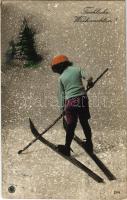 1916 Fröhliche Weihnachten! / Christmas greeting postcard, winter sport, ski (kis szakadás / small tear)
