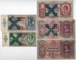 1930. 100P + 1932. 50P + 1936. 10P + 1941. 20P mind zöld színű, hamis nyilaskeresztes felülbélyegzéssel + 1930. 100P hamis Német Harmadik Birodalmi felülbélyegzéssel T:F