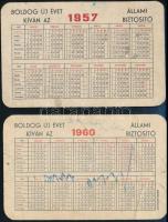 1957, 1960 Kártyanaptárak, 2 db, törésnyomokkal