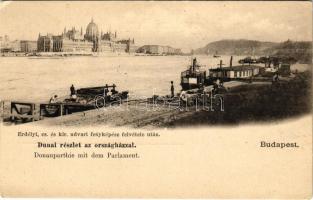 Budapest I. Budai alsó rakpart, hajók, Országház. Erdélyi felvétele (EK)