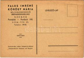 Falusi Imréné Kőrösy Mária bélyegkereskedő, reklámlapja, Budapest, Dóm tér 29. Postatakarékp. csekksz. Budapest és Belgrád / Briefmarkenhandlung / Hungarian stamp merchant's advertisement