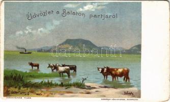 Balaton, Üdvözlet a Balaton partjáról! Badacsony és szarvasmarhák. Werbőczy könyvnyomda, litho s: Telegdy (szakadások / tears)