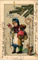 1903 Boldog Karácsonyt! Gyerekek krampusz figurával / Christmas greeting art postcard, children with krampus toys. Emb. litho (fa)
