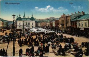 Máramarossziget, Sighetu Marmatiei; Fő tér, piac, Az Angol Bolt üzlete. Vasúti Levelezőlapárusítás 5-1916. / market, shops