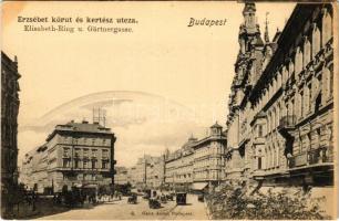 Budapest VII. Erzsébet körút és Kertész utca, Első Erzsébetvárosi Asztalos és Kárpitos Bútortelep, üzletek, villamos. Ganz Antal 6. (EK)