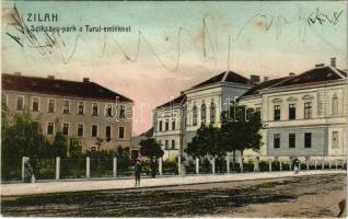 1909 Zilah, Zalau; Szikszay park, Turul emlék, törvényszék / park, monument, court (EK)