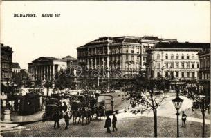 Budapest VIII. Kálvin tér, Nemzeti Múzeum, villamos, hintók, üzletek. Vasúti levelezőlapárusítás 14. (EK)