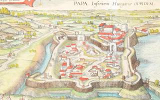 Pápa várának látképe. A helyszínrajzot Philippus Fernandeus készítette. 
A Garai család várkastélya...