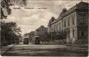 1915 Újvidék, Novi Sad; Törvényház, villamosok. Urbán Ignác kiadása / Gerichtshof / court, trams (EK)